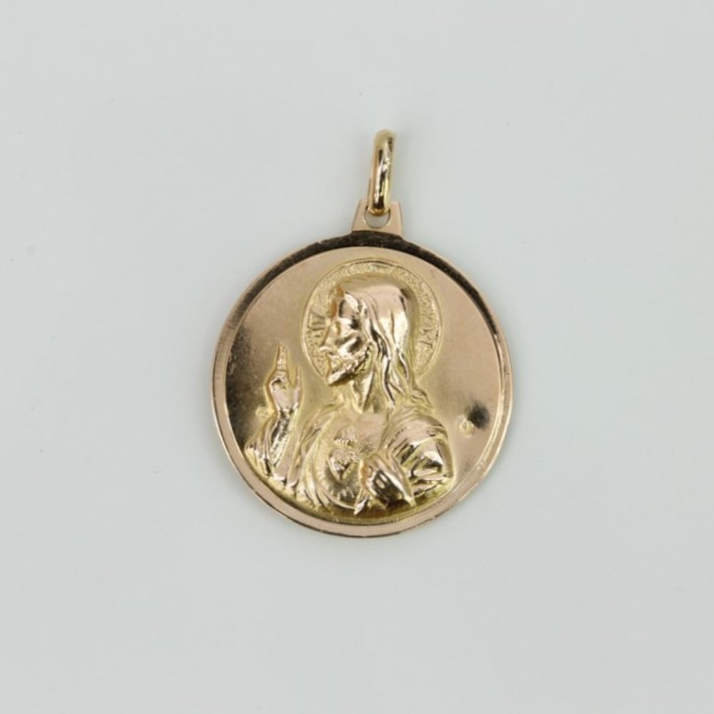 18k Yellow Gold Religious Jesus Christ Mother Mary Medallion Pendant Charm - Picture 1 of 3
